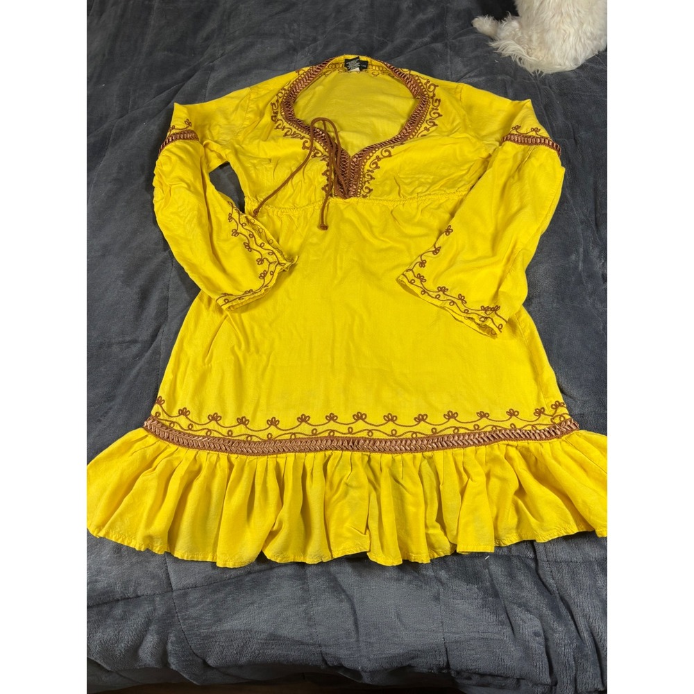 Moda International Yellow Embroidered Boho Peasant Mini Dress Womens Medium M